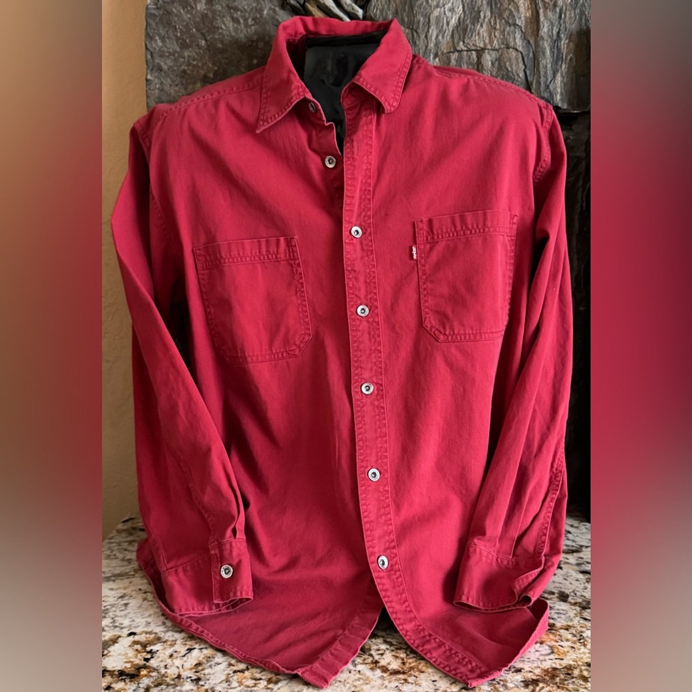 Levi's Red Tab Red Denim Shirt Mens Size L Button Up Long Sleeves Loose Fit